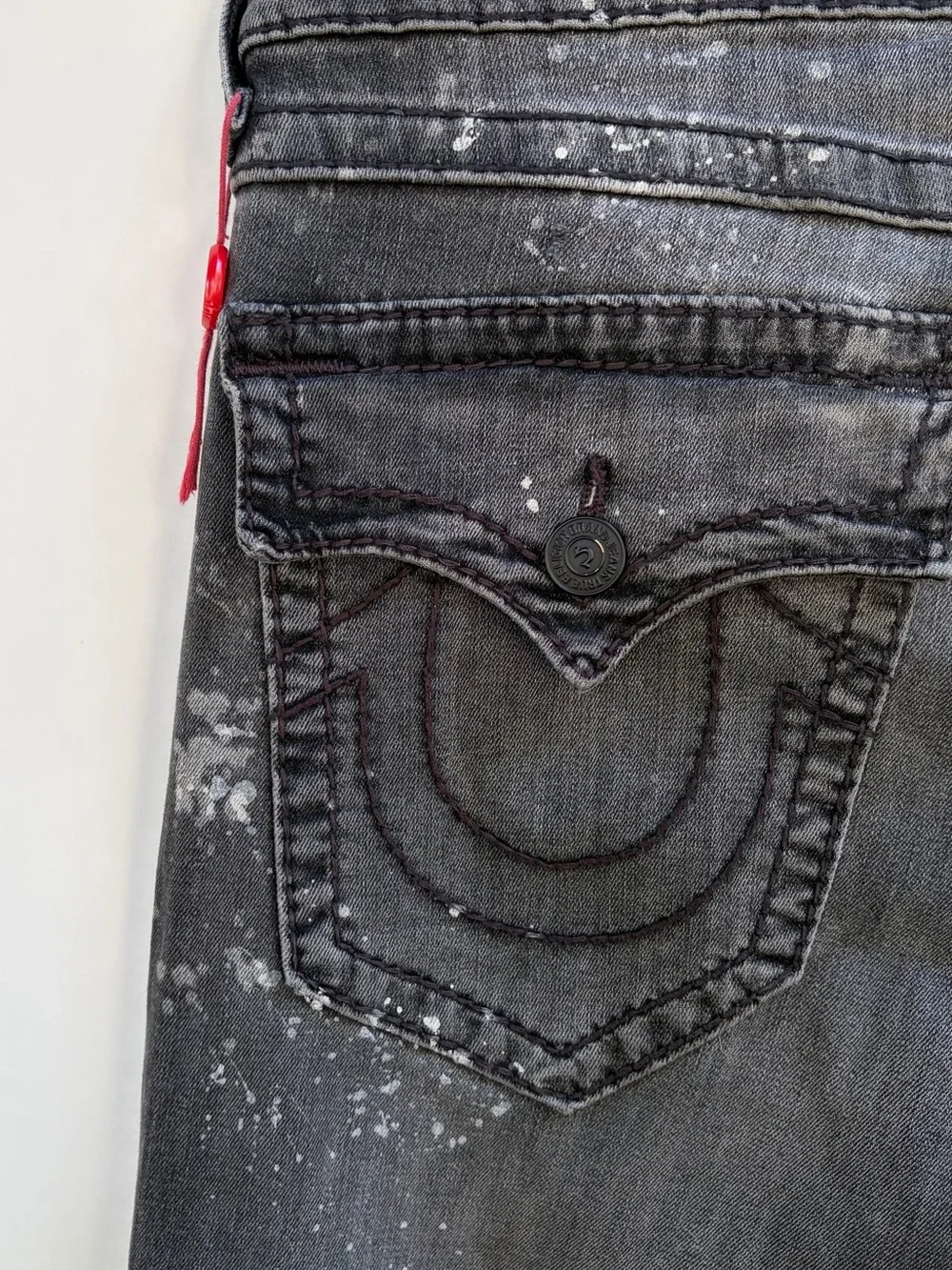 True Religion Straight Grey Acid Wash Paint Splatter Jeans
